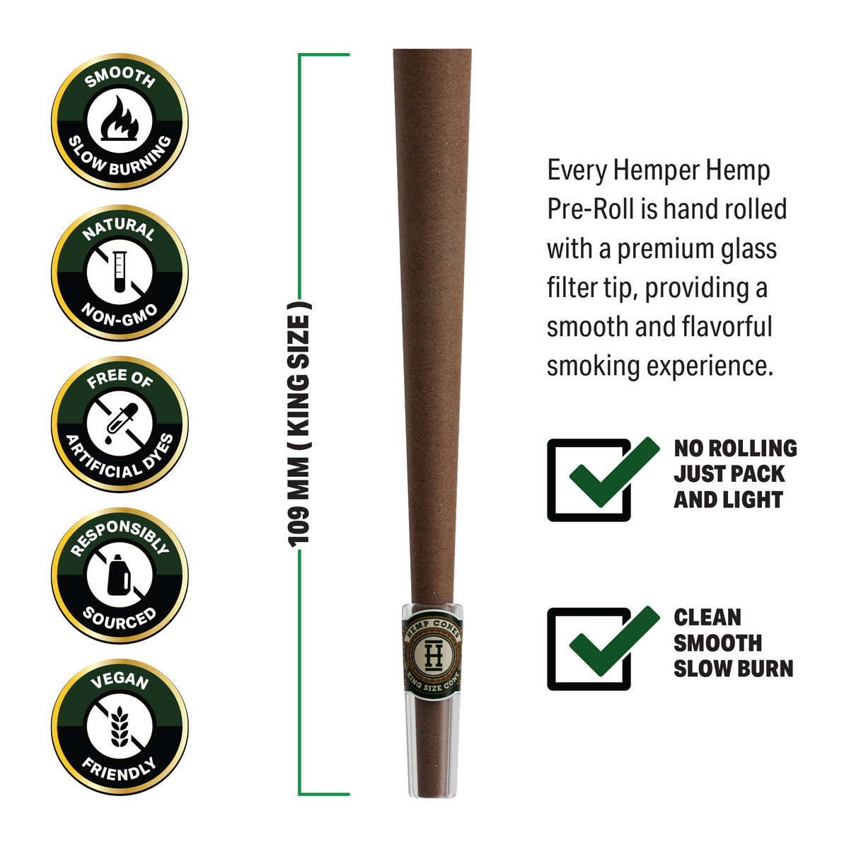Pre-Rolled King Size Glass Tipped Hemp Cones | 2PK
