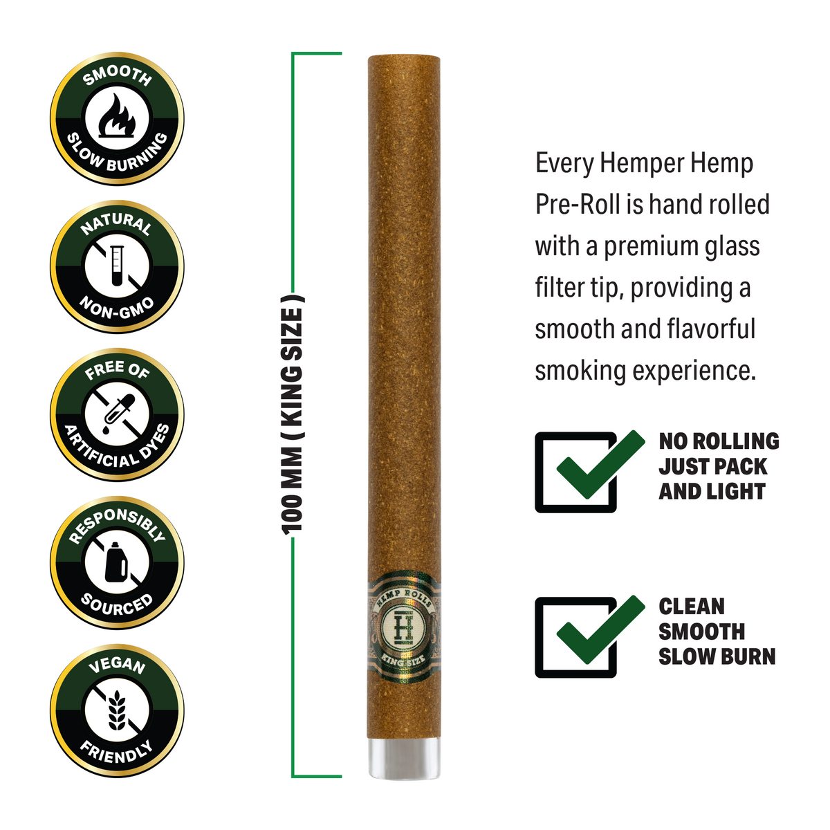 Pre-Rolled King Size Glass Tipped Hemp Rolls | 2PK