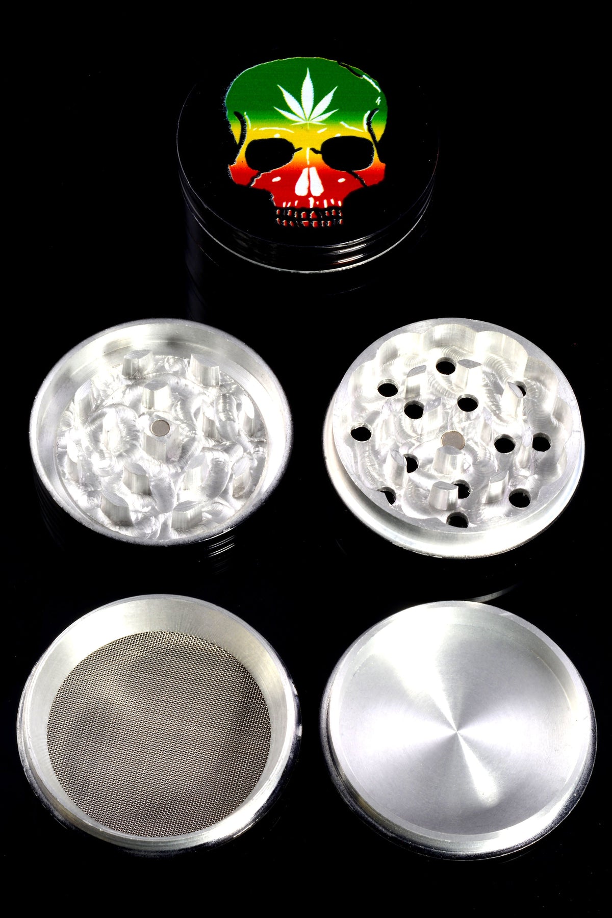 Black Aluminum 4-Part Metal Herb Grinder “Sticker Stack” – 2¼″