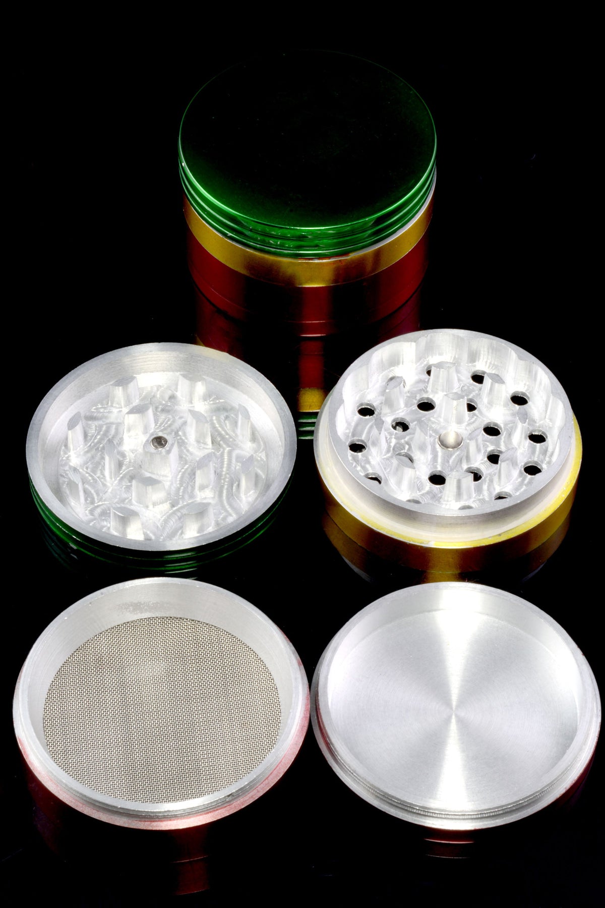 Rasta 4-Part Metal Herb Grinder “Irie Mill” – 1½″, 2″, 2½″