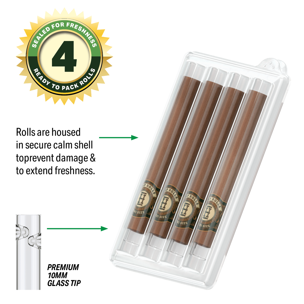 Pre-Rolled Mini Size Glass Tipped Hemp Rolls | 4PK
