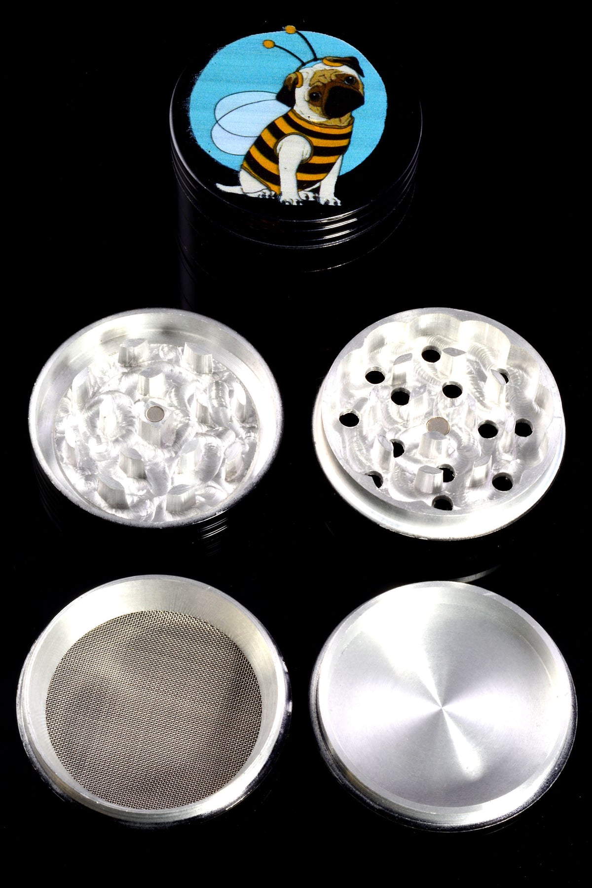 Black Aluminum 4-Part Metal Herb Grinder “Sticker Stack” – 2¼″