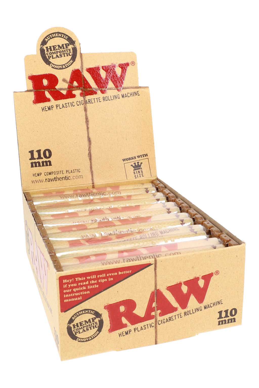 RAW 110 mm Hemp Plastic Rolling Machine – 12 Count Display