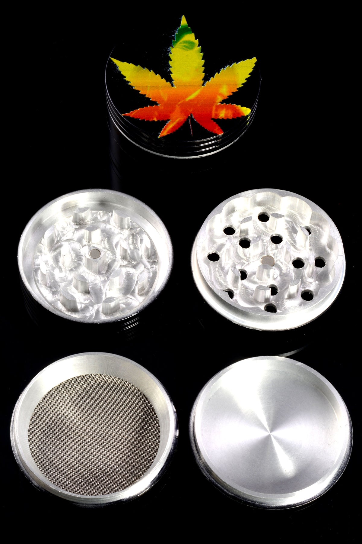 Black Aluminum 4-Part Metal Herb Grinder “Sticker Stack” – 2¼″