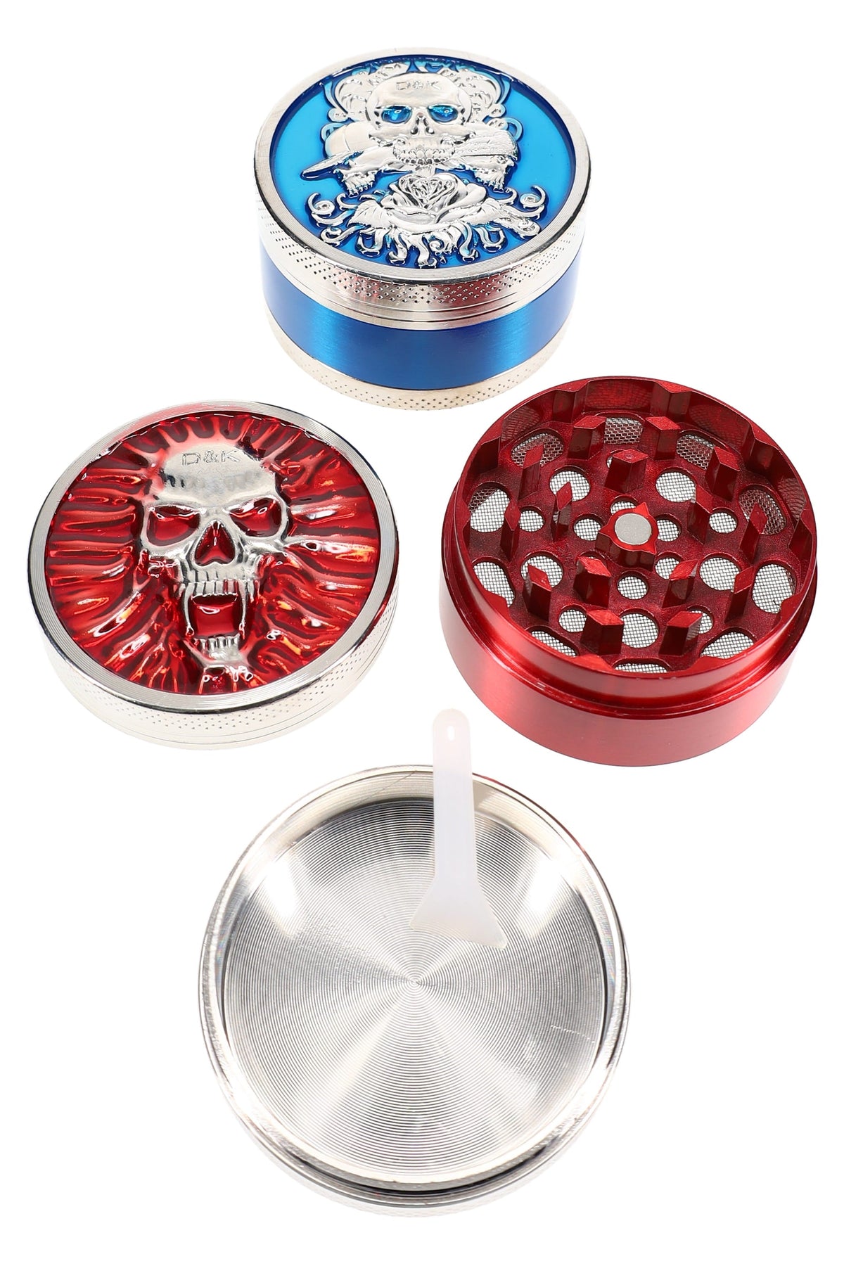 Colored 3-Part Metal Herb Grinder – Skull Lid – 2″ – Assorted