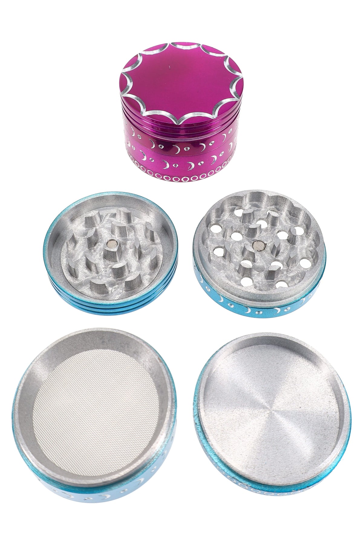 Diamond-Cut 4-Part Metal Herb Grinder “Moon Phase” – Assorted Colors