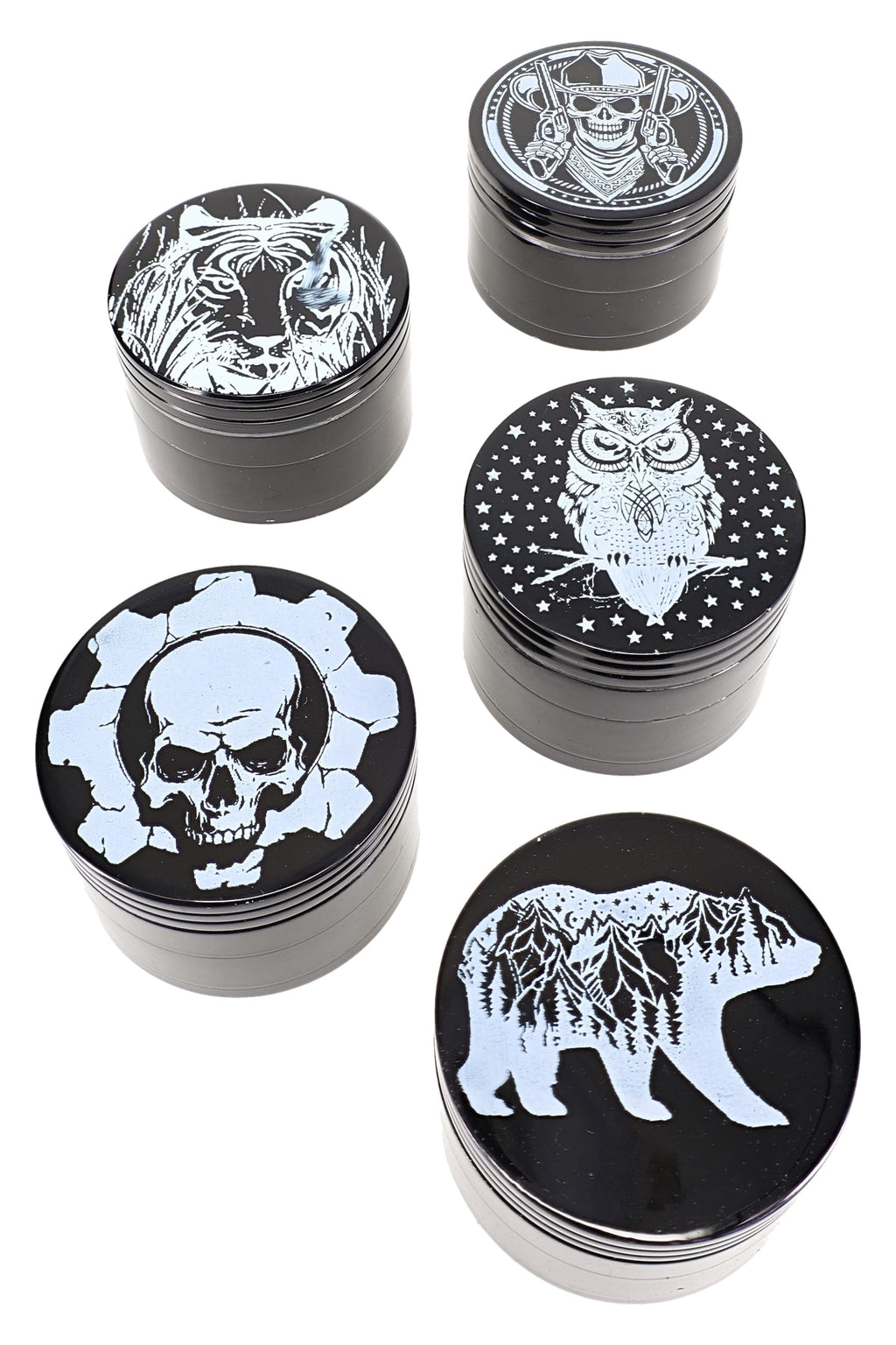 Black 4-Part Decal Metal Herb Grinder “Ink Caps” – 1¾″, 2″, 2½″ – Assorted