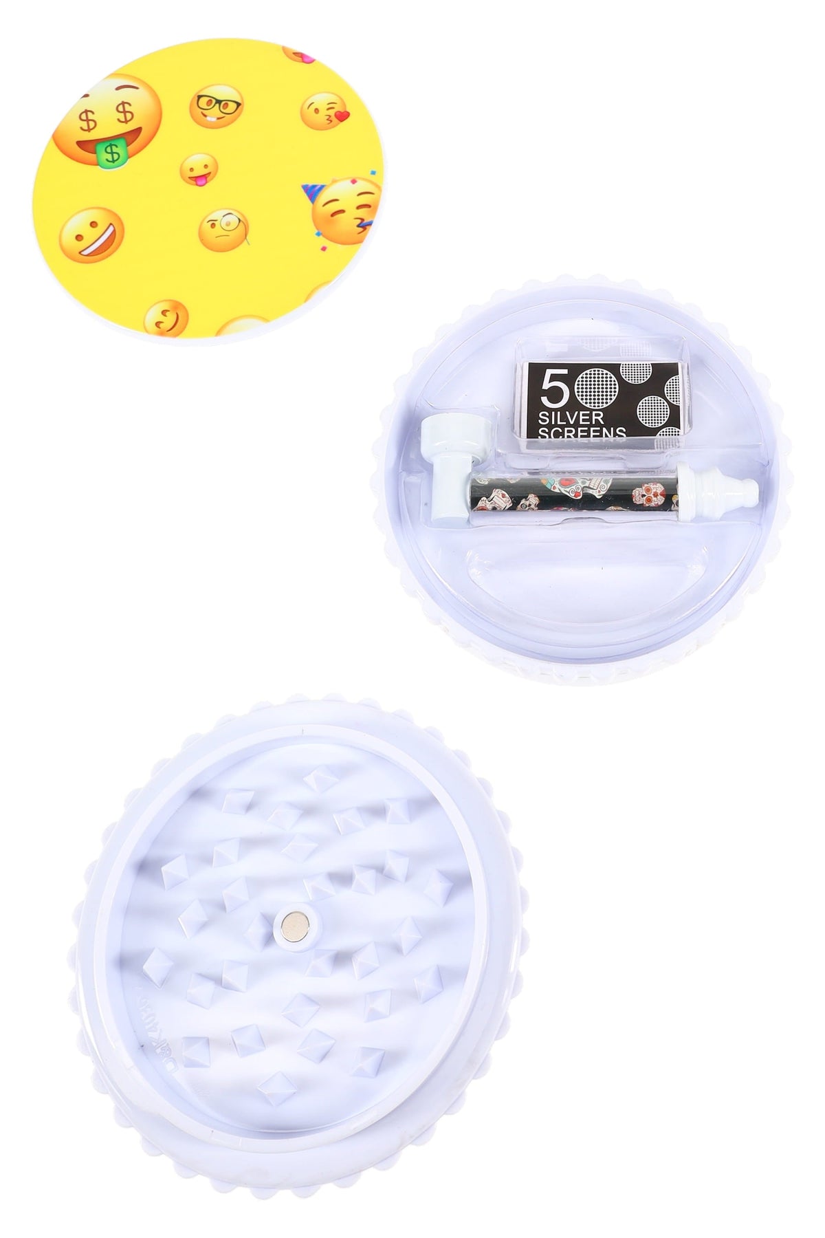 Plastic 4″ 3-Part Grinder + Metal Pipe “Emoji Stash” Set – 5 Screens – Assorted Colors