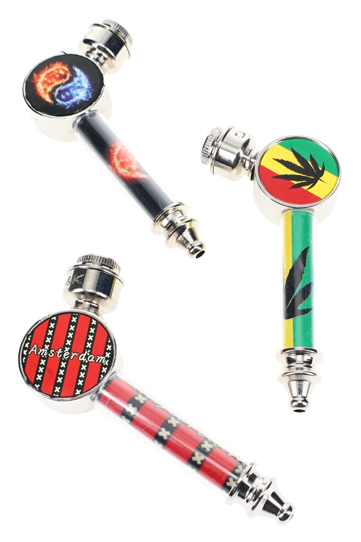 Decal Design Metal Hand Pipe with Cap – 4″ – Assorted Designs