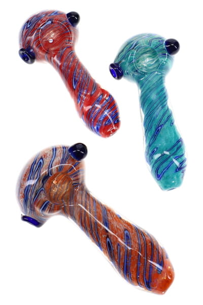 Silver-Fumed Frit Glass Spoon Pipe “Stripe Storm” – 4½″ – Assorted Colors