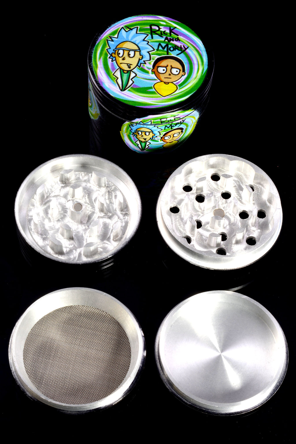 Black Aluminum 4-Part Metal Herb Grinder “Sticker Stack” – 2¼″