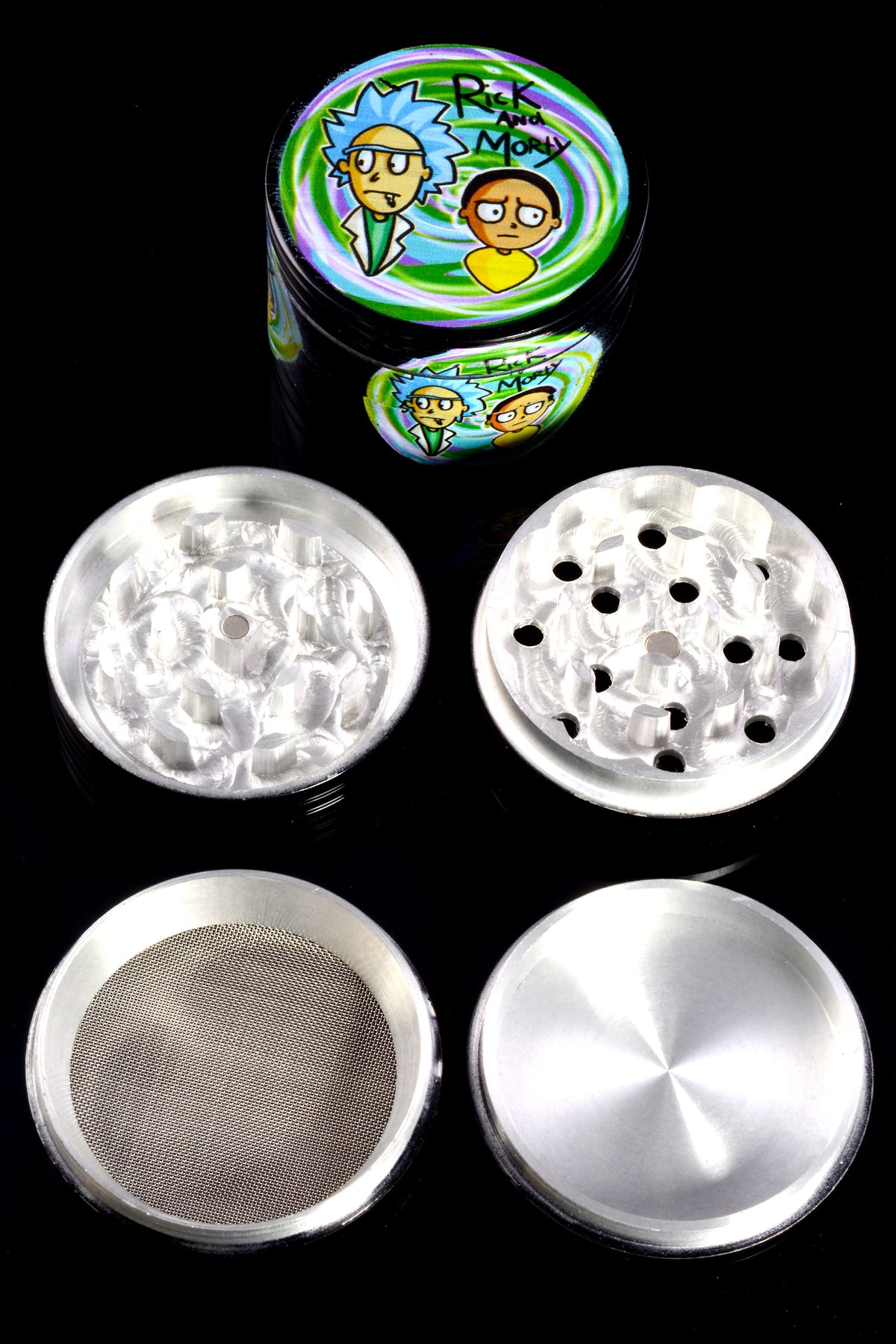 Black Aluminum 4-Part Metal Herb Grinder “Sticker Stack” – 2¼″